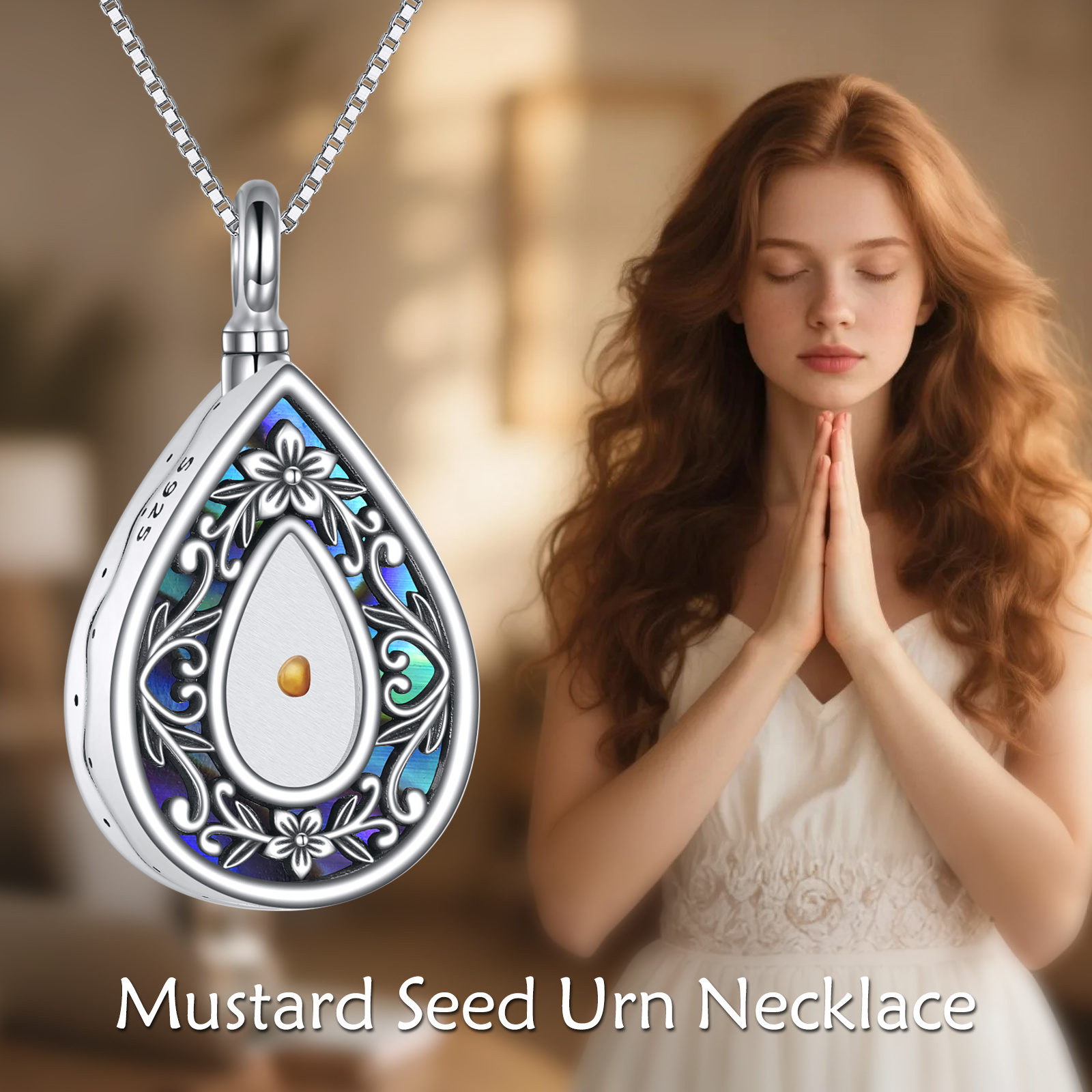 925 Sterling Silver Mustard Seed Urn Necklace, Faith Keepsake